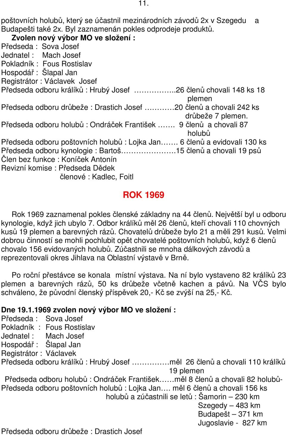 .26 členů chovali 148 ks 18 plemen Předseda odboru drůbeže : Drastich Josef 20 členů a chovali 242 ks drůbeže 7 plemen. Předseda odboru holubů : Ondráček František.