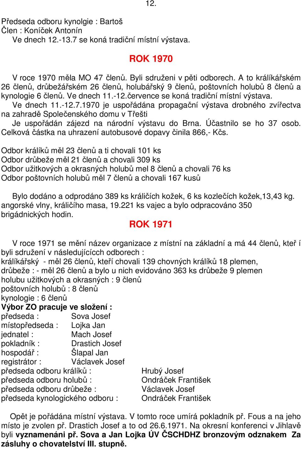 1970 je uspořádána propagační výstava drobného zvířectva na zahradě Společenského domu v Třešti Je uspořádán zájezd na národní výstavu do Brna. Účastnilo se ho 37 osob.