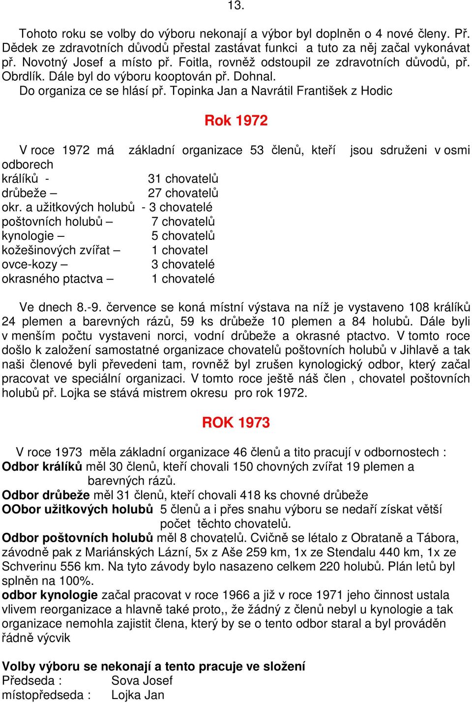 Topinka Jan a Navrátil František z Hodic Rok 1972 V roce 1972 má základní organizace 53 členů, kteří jsou sdruženi v osmi odborech králíků - 31 chovatelů drůbeže 27 chovatelů okr.