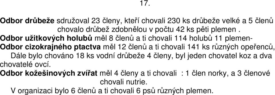 různých opeřenců, Dále bylo chováno 18 ks vodní drůbeže 4 členy, byl jeden chovatel koz a dva chovatelé ovcí.