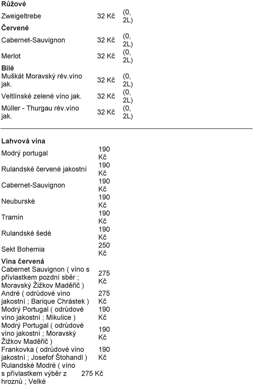 32 32 32 32 32 32 Lahvová vína Modrý portugal Rulandské červené jakostní Cabernet-Sauvignon Neuburské Tramín Rulandské šedé Sekt Bohemia Vína