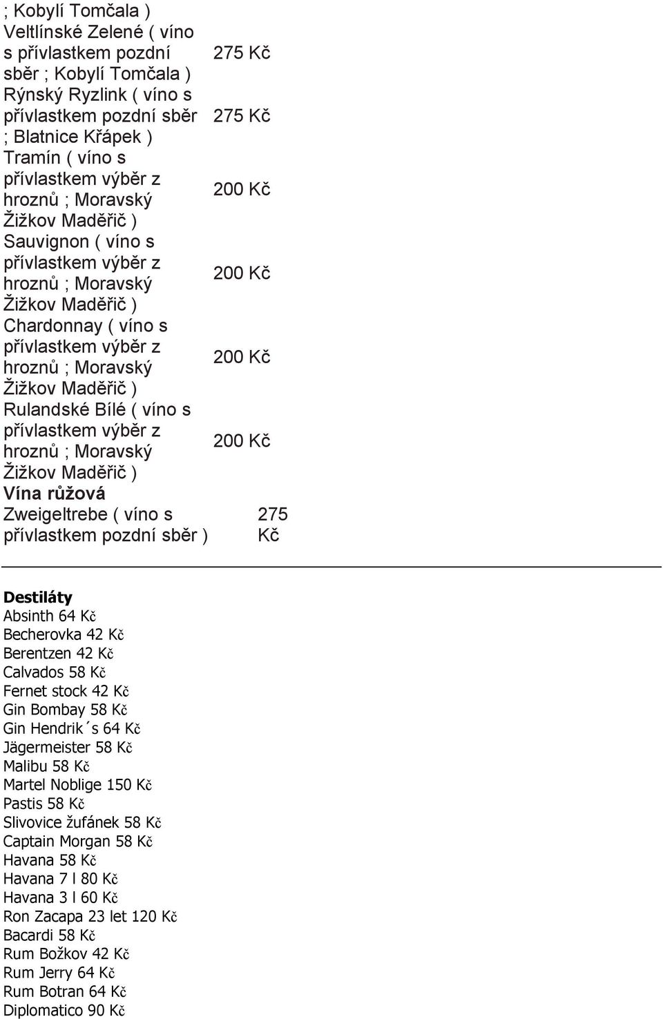 42 Calvados 58 Fernet stock 42 Gin Bombay 58 Gin Hendrik s 64 Jägermeister 58 Malibu 58 Martel Noblige 150 Pastis 58 Slivovice žufánek