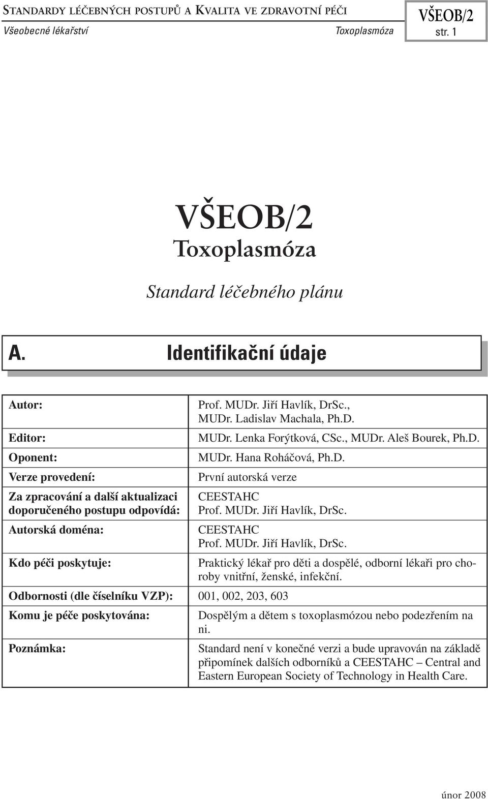 Ladislav Machala, Ph.D. MUDr. Lenka Forýtková, CSc., MUDr. Aleš Bourek, Ph.D. MUDr. Hana Roháčová, Ph.D. První autorská verze CEESTAHC Prof. MUDr. Jiří Havlík, DrSc.