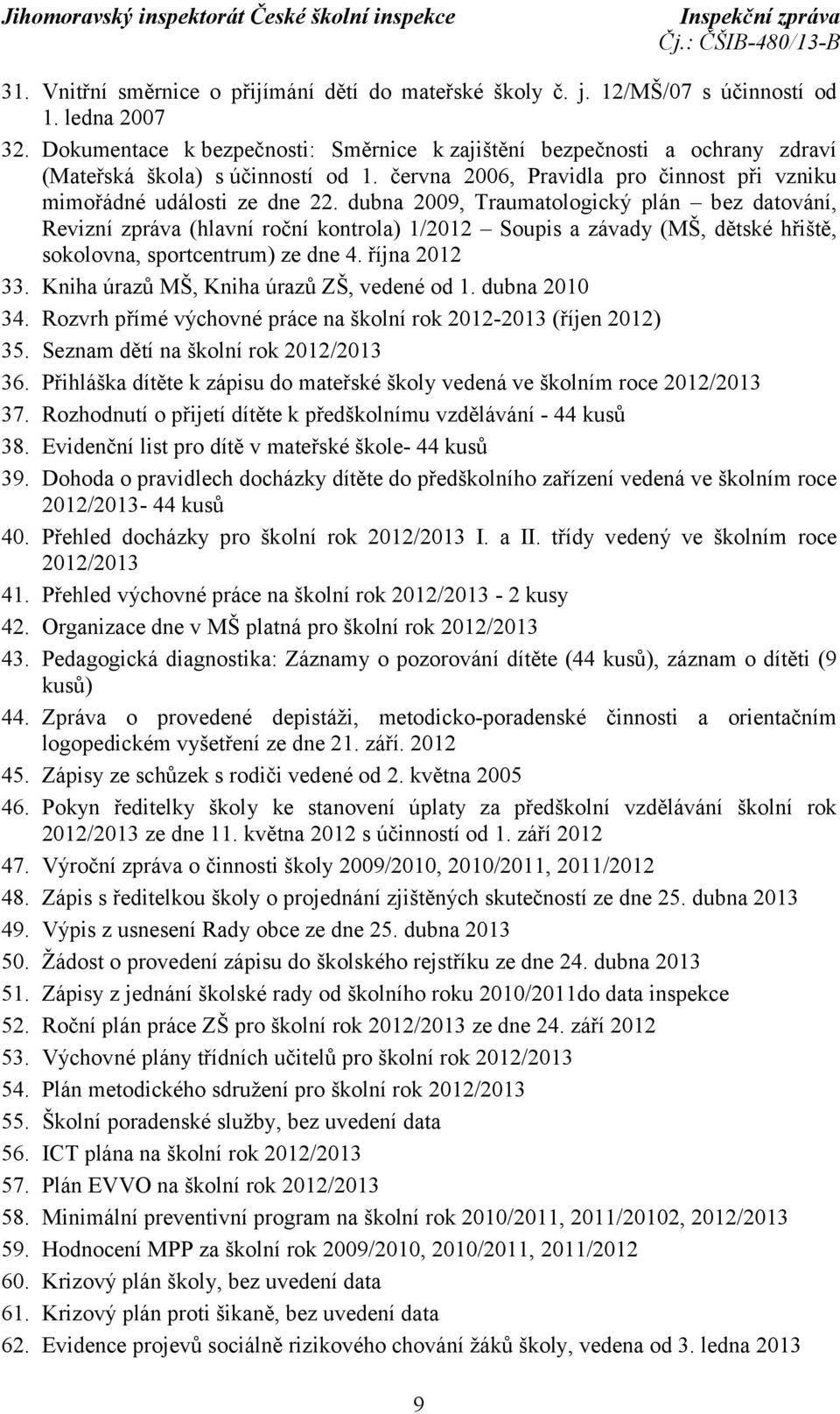 dubna 2009, Traumatologický plán bez datování, Revizní zpráva (hlavní roční kontrola) 1/2012 Soupis a závady (MŠ, dětské hřiště, sokolovna, sportcentrum) ze dne 4. října 2012 33.