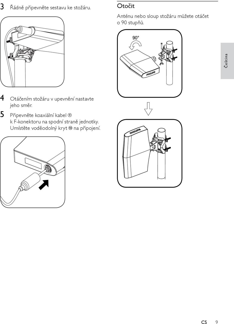 Čeština 4 Otáčením stožáru v upevnění nastavte jeho směr.
