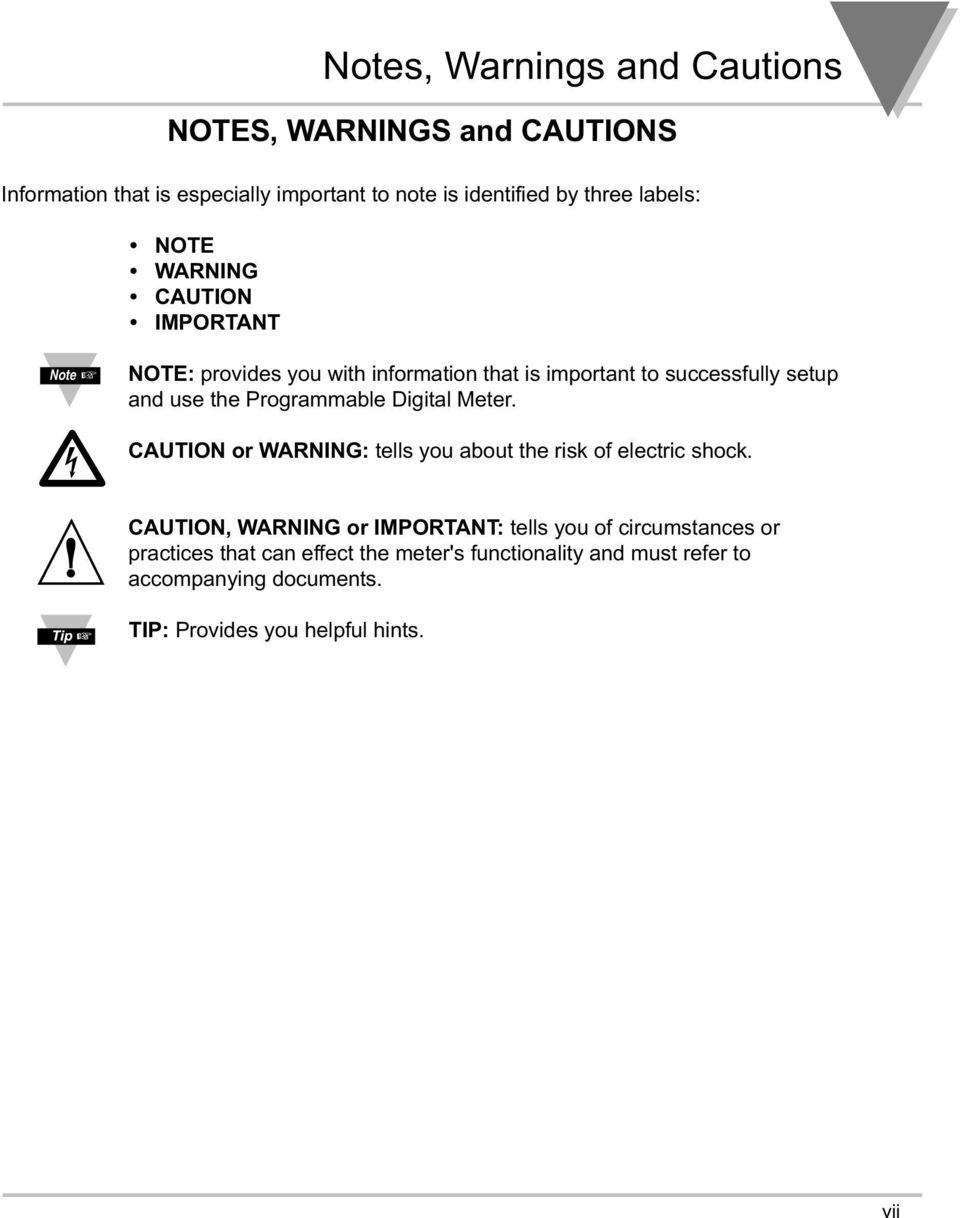 Programmable Digital Meter. CAUTION or WARNING: tells you about the risk of electric shock.