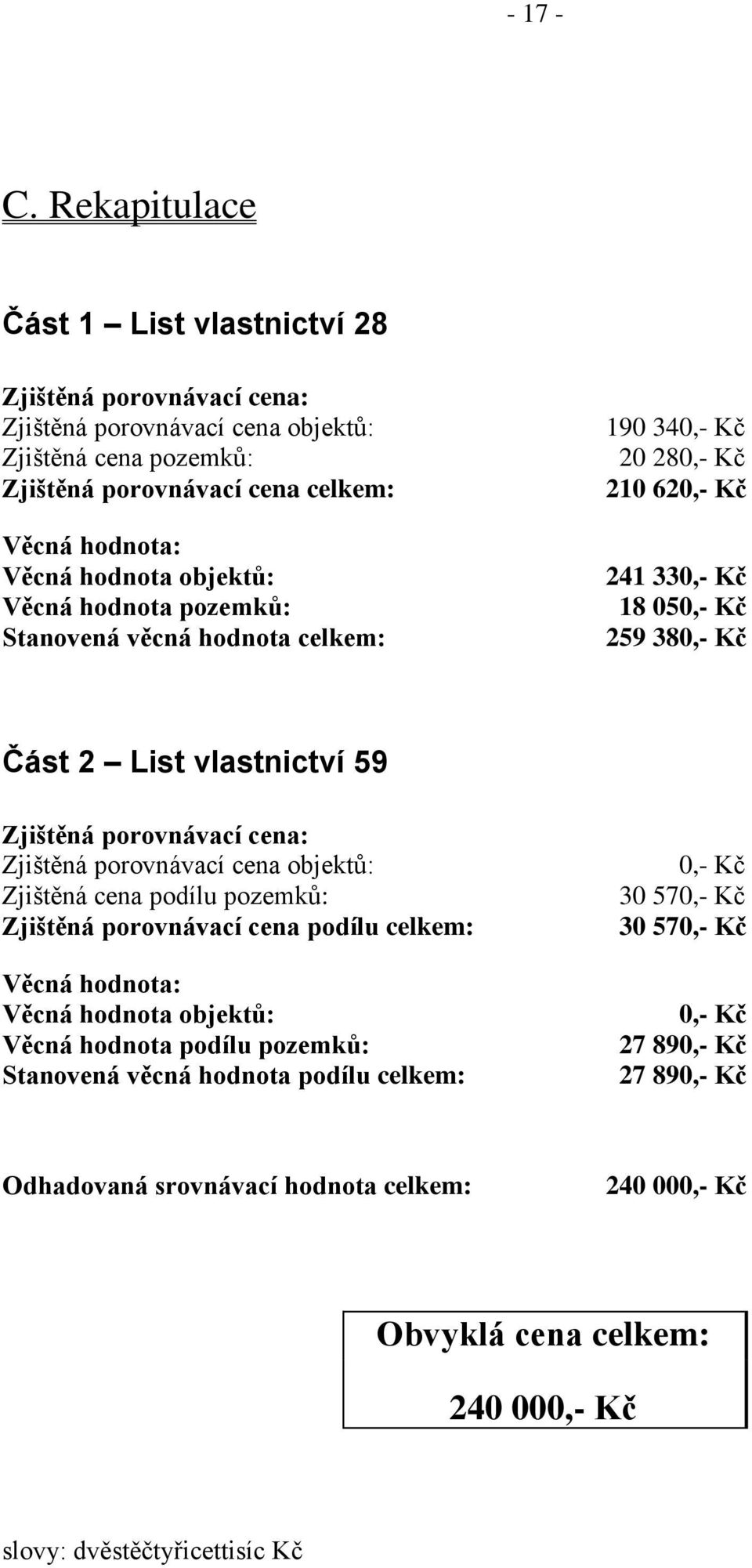 objektů: Věcná hodnota pozemků: Stanovená věcná hodnota celkem: 190 340,- Kč 20 280,- Kč 210 620,- Kč 241 330,- Kč 18 050,- Kč 259 380,- Kč Část 2 List vlastnictví 59 Zjištěná porovnávací cena: