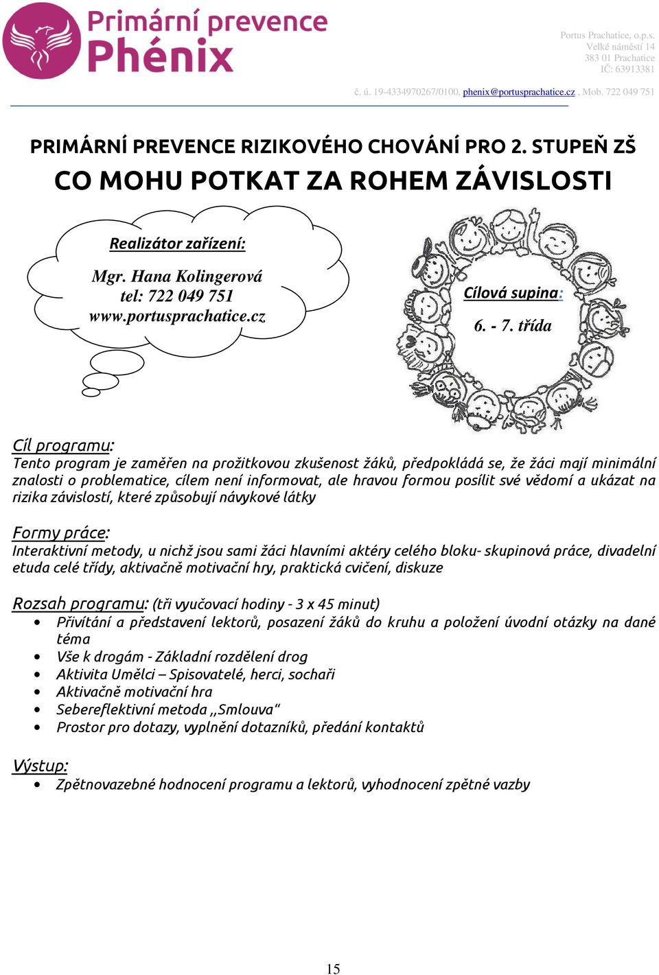 a ukázat na rizika závislostí, které způsobují návykové látky Formy práce: Interaktivní metody, u nichž jsou sami žáci hlavními aktéry celého bloku- skupinová práce, divadelní etuda celé třídy,