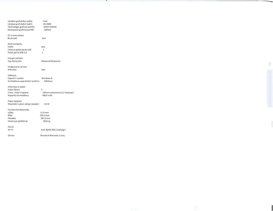 0 Ano 1 Vstupní zařízení Typ kávesnce Dotyková kávesnce ntegrovaná zařízení Mkrofon Ano Software Operační systém Archtektura operačního systému Wndows 8 64btový nformace