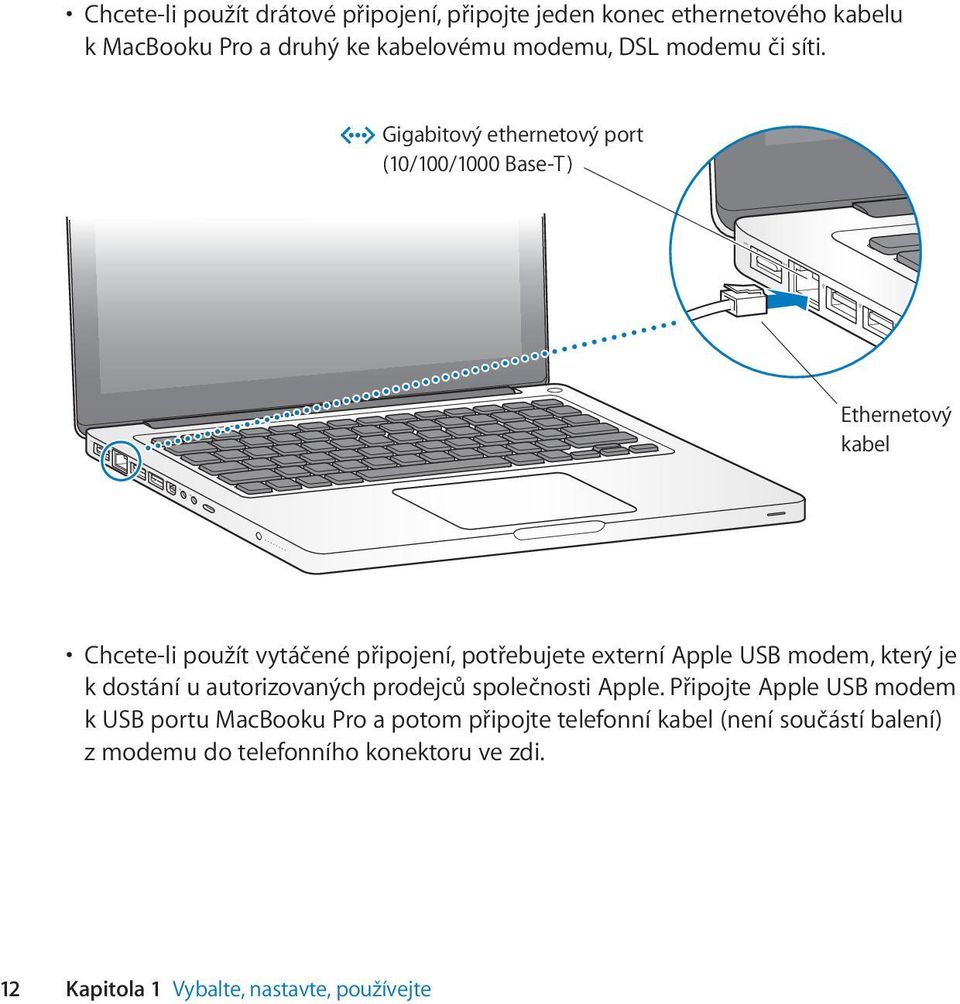 Gigabitový ethernetový port (10/100/1000 Base-T) Ethernetový kabel Chcete-li použít vytáčené připojení, potřebujete externí Apple USB