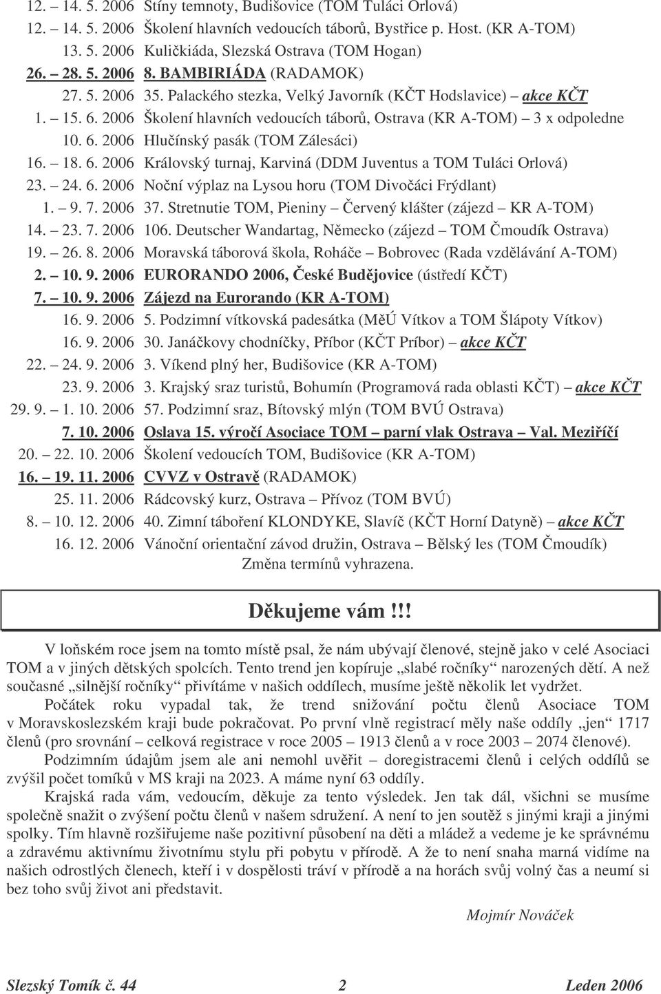 18. 6. 2006 Královský turnaj, Karviná (DDM Juventus a TOM Tuláci Orlová) 23. 24. 6. 2006 Noní výplaz na Lysou horu (TOM Divoáci Frýdlant) 1. 9. 7. 2006 37.