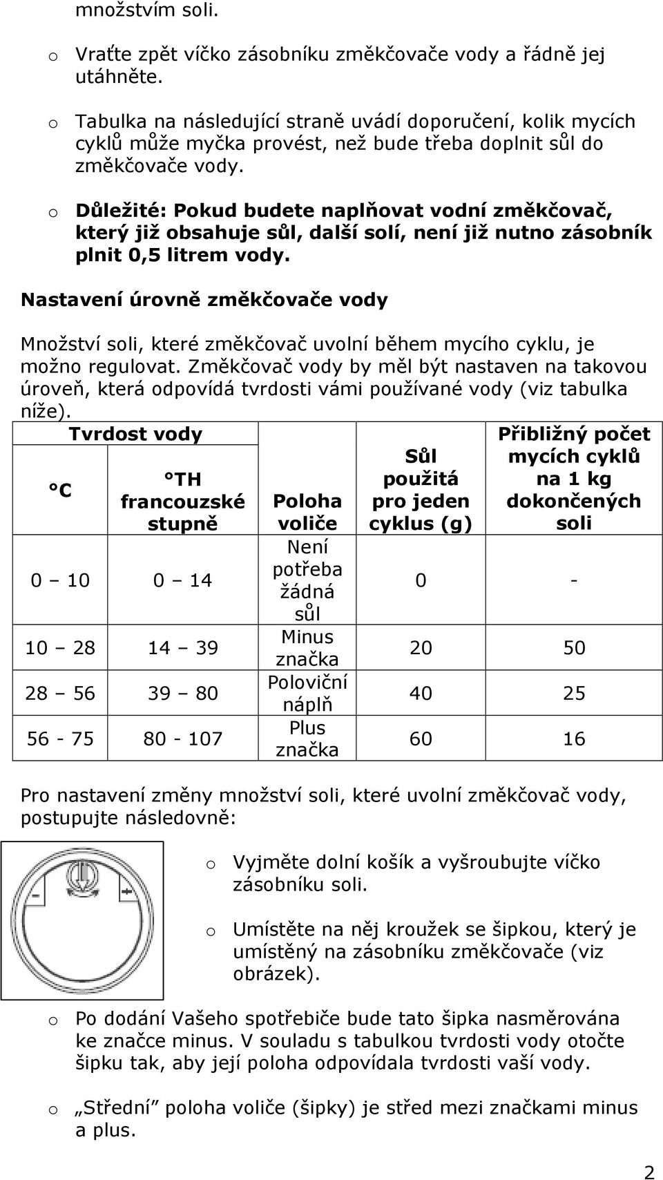 o Důležité: Pokud budete naplňovat vodní změkčovač, který již obsahuje sůl, další solí, není již nutno zásobník plnit 0,5 litrem vody.