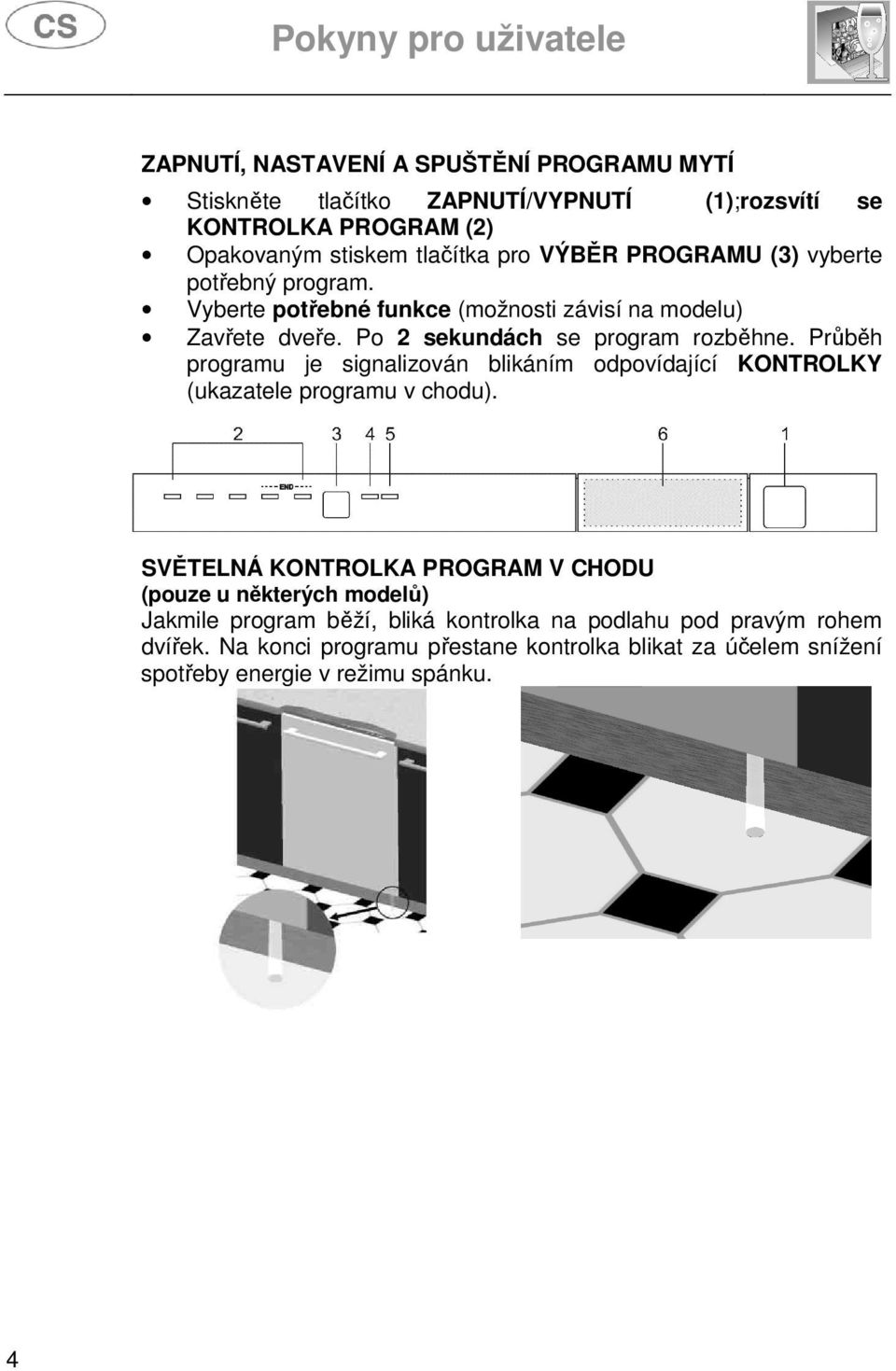 Průběh programu je signalizován blikáním odpovídající KONTROLKY (ukazatele programu v chodu).