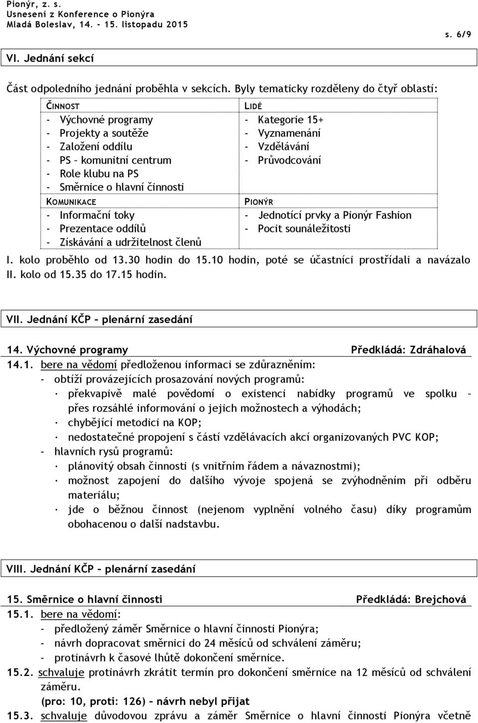 Informační toky - Prezentace oddílů - Získávání a udržitelnost členů LIDÉ - Kategorie 15+ - Vyznamenání - Vzdělávání - Průvodcování PIONÝR - Jednotící prvky a Pionýr Fashion - Pocit sounáležitosti I.