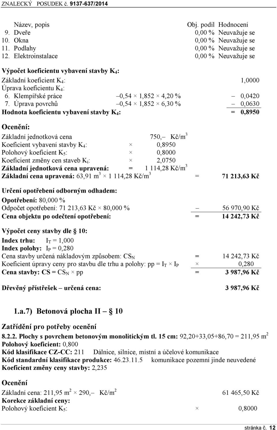 Úprava povrchů 0,54 1,852 6,30 % 0,0630 Hodnota koeficientu vybavení stavby K 4 : = 0,8950 Ocenění: Základní jednotková cena 750, Kč/m 3 Koeficient vybavení stavby K 4 : 0,8950 Polohový koeficient K