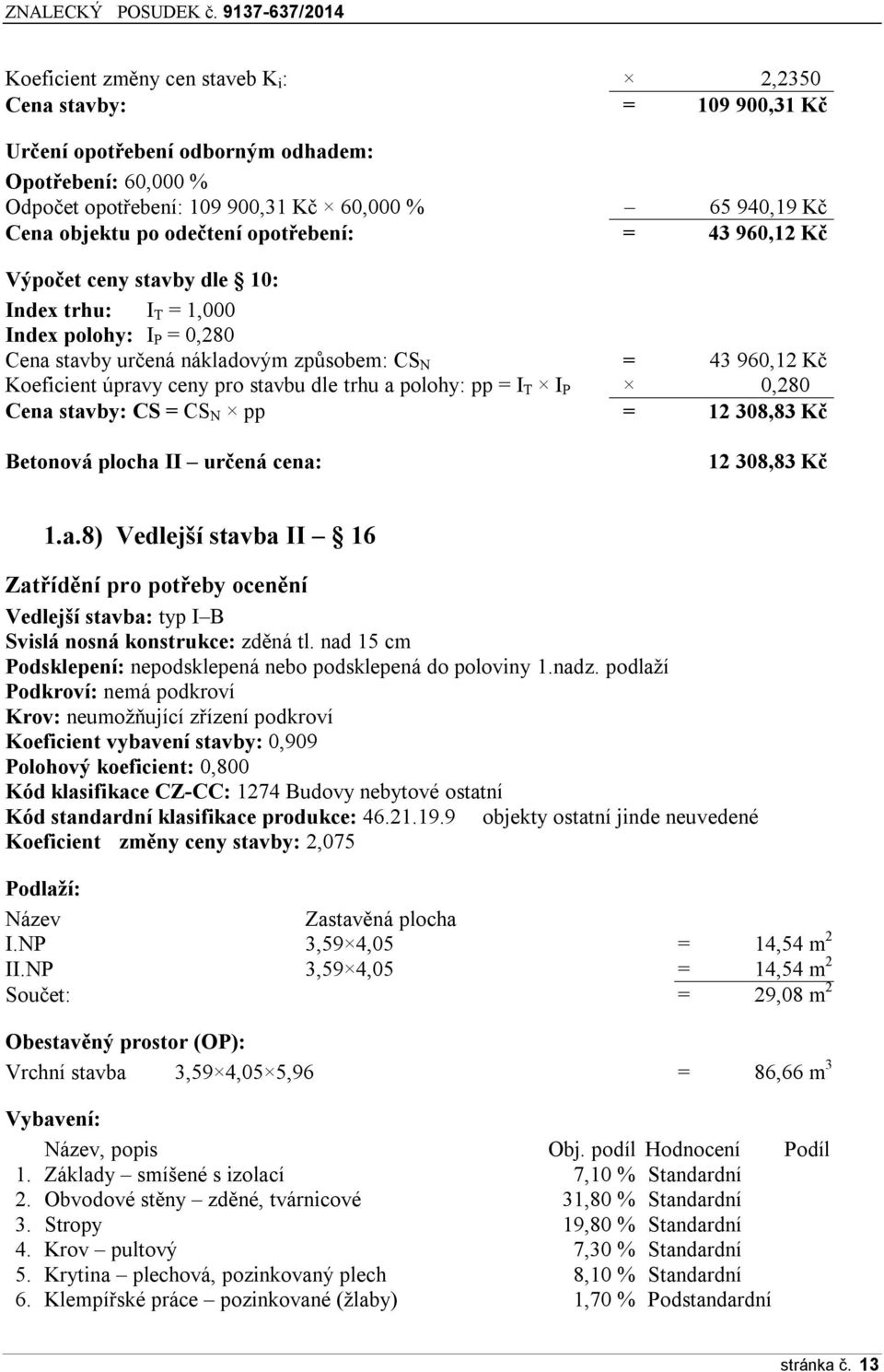 pro stavbu dle trhu a polohy: pp = I T I P 0,280 Cena stavby: CS = CS N pp = 12 308,83 Kč Betonová plocha II určená cena: 12 308,83 Kč 1.a.8) Vedlejší stavba II 16 Zatřídění pro potřeby ocenění Vedlejší stavba: typ I B Svislá nosná konstrukce: zděná tl.