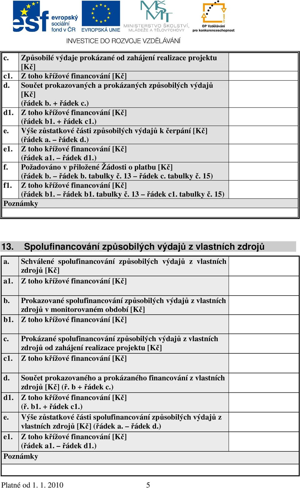 Požadováno v přiložené Žádosti o platbu [Kč] (řádek b. řádek b. tabulky č. 13 řádek c. tabulky č. 15) f1. Z toho křížové financování [Kč] (řádek b1. řádek b1. tabulky č. 13 řádek c1. tabulky č. 15) 13.