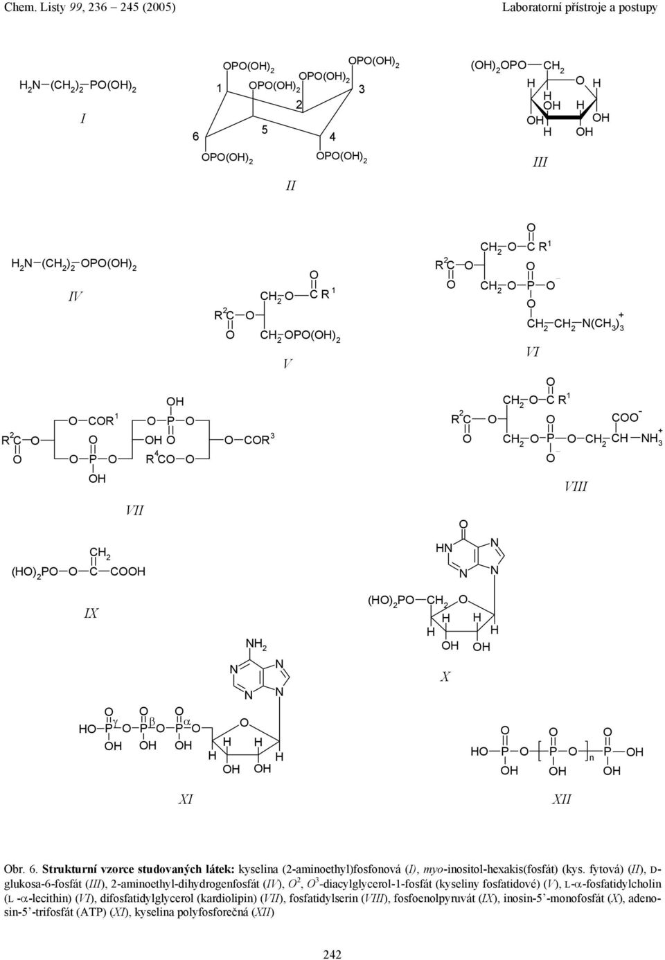 Strukturní vzorce studovných látek: kyselin (-minoethyl)fosfonová (I), myo-inositol-hexkis(fosfát) (kys.