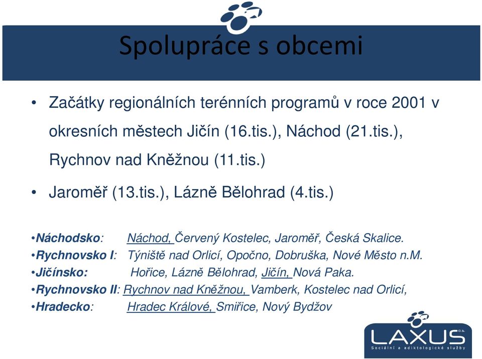 Rychnovsko I: Týniště nad Orlicí, Opočno, Dobruška, Nové Město n.m. Jičínsko: Hořice, Lázně Bělohrad, Jičín, Nová Paka.