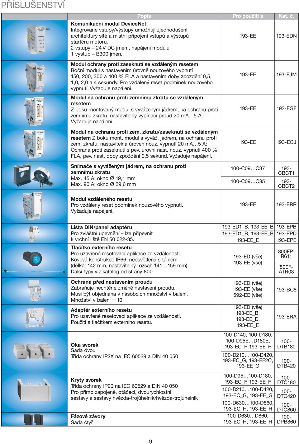 Popis Pro použití s 193-EE 193-EDN Modul ochrany proti zaseknutí se vzdáleným resetem Boční modul s nastavením úrovně nouzového vypnutí 150, 200, 300 a 400 % FLA a nastavením doby zpoždění 0,5, 1,0,