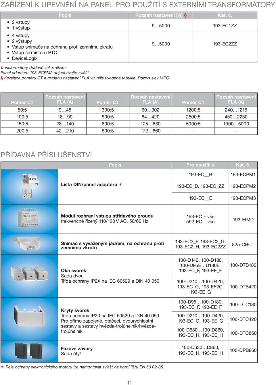 Rozpis slev MPC 9 5000 193-EC1ZZ 9 5000 193-EC2ZZ Poměr CT Rozsah nastavení FLA (A) Poměr CT Rozsah nastavení FLA (A) Poměr CT Rozsah nastavení FLA (A) 50:5 9 45 300:5 60 302 1200:5 240 1215 100:5 18