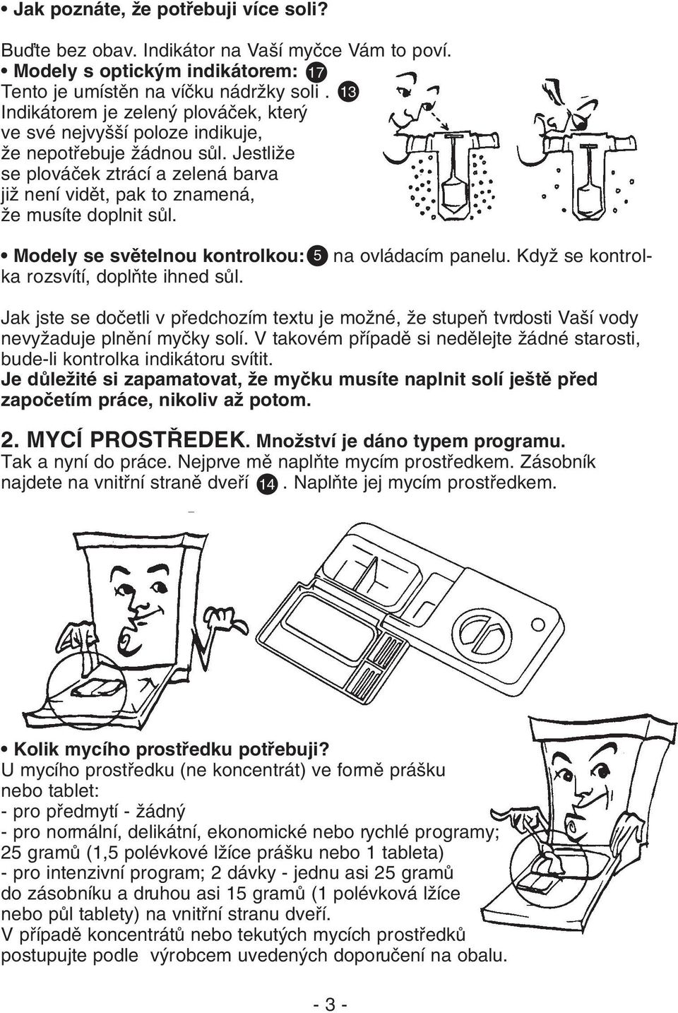 na ovládacím panelu. KdyÏ se kontrol- Modely se svûtelnou kontrolkou: ka rozsvítí, doplàte ihned sûl.