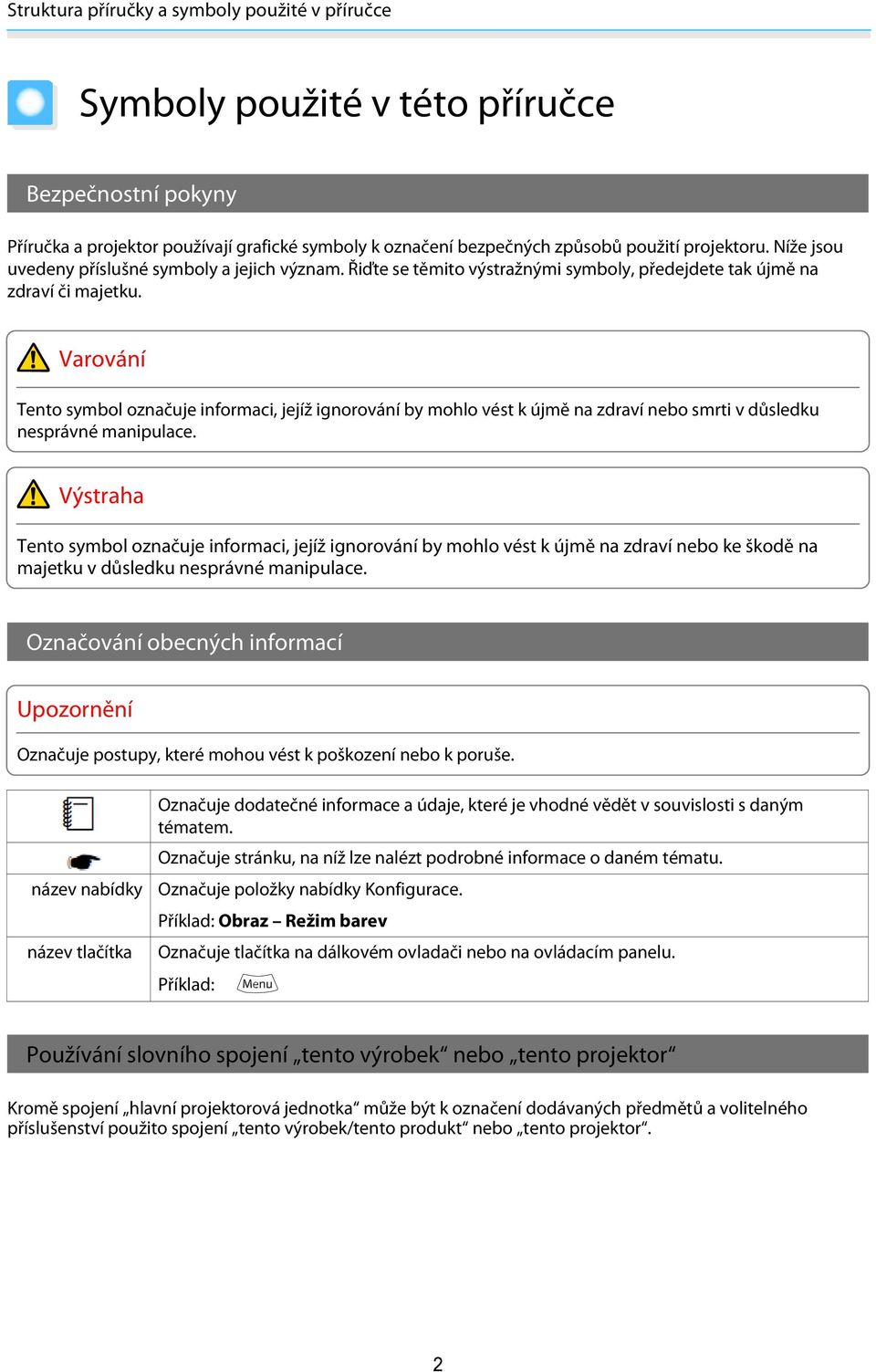 Varování Tento symbol označuje informaci, jejíž ignorování by mohlo vést k újmě na zdraví nebo smrti v důsledku nesprávné manipulace.