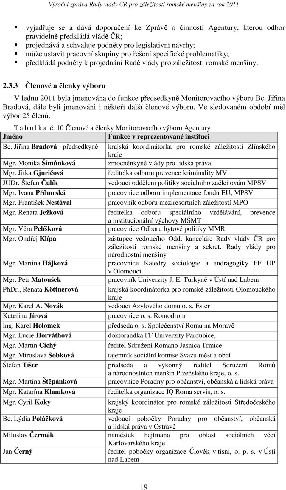 3 Členové a členky výboru V lednu 2011 byla jmenována do funkce předsedkyně Monitorovacího výboru Bc. Jiřina Bradová, dále byli jmenováni i někteří další členové výboru.