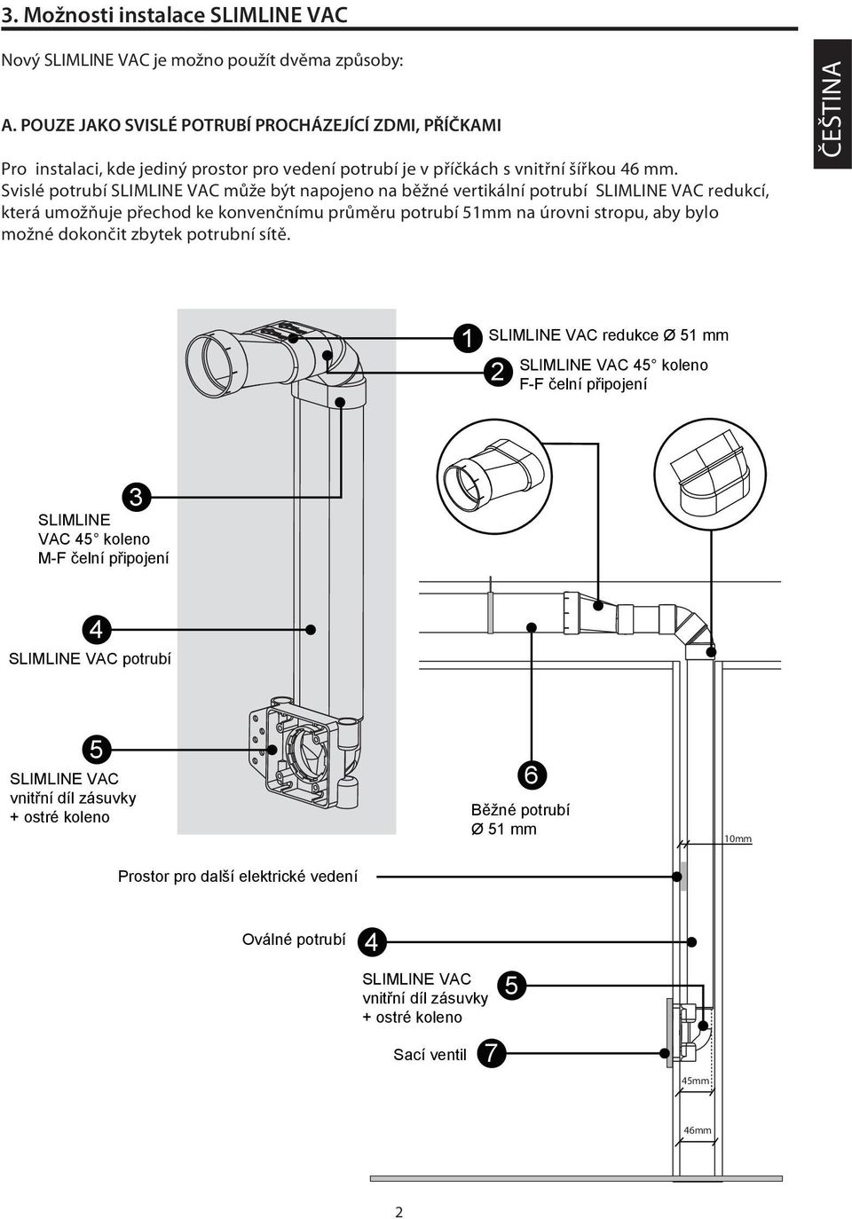 Svislé potrubí může být napojeno na běžné vertikální potrubí redukcí, která umožňuje přechod ke konvenčnímu průměru potrubí mm na úrovni stropu, aby bylo