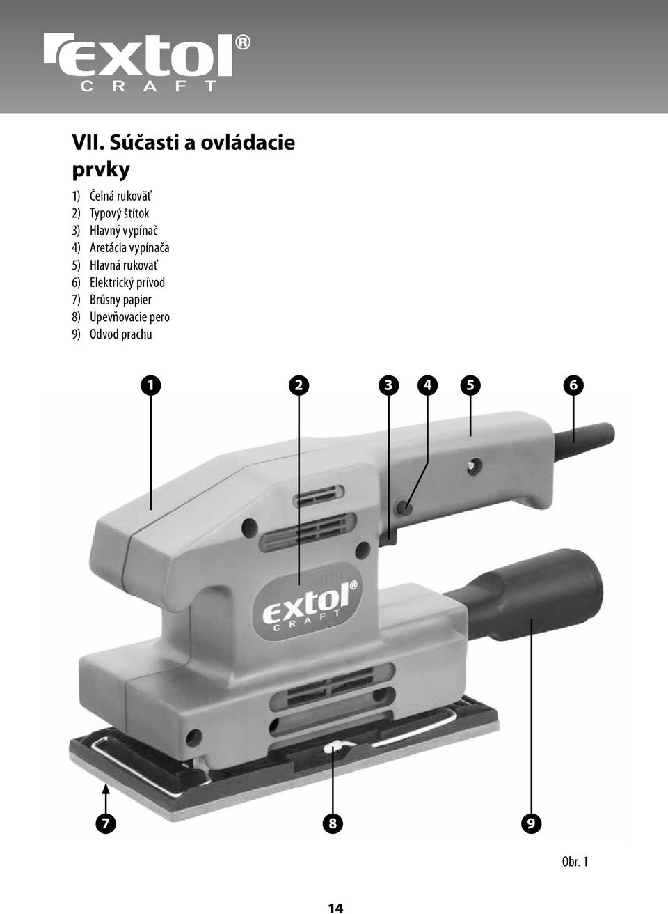 Hlavná rukoväť 6) Elektrický prívod 7) Brúsny papier 8)