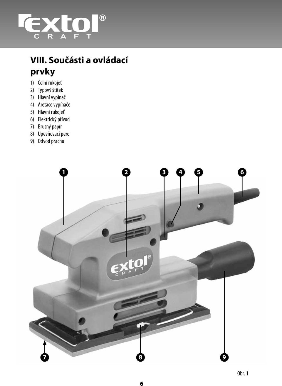 Hlavní rukojeť 6) Elektrický přívod 7) Brusný papír 8)