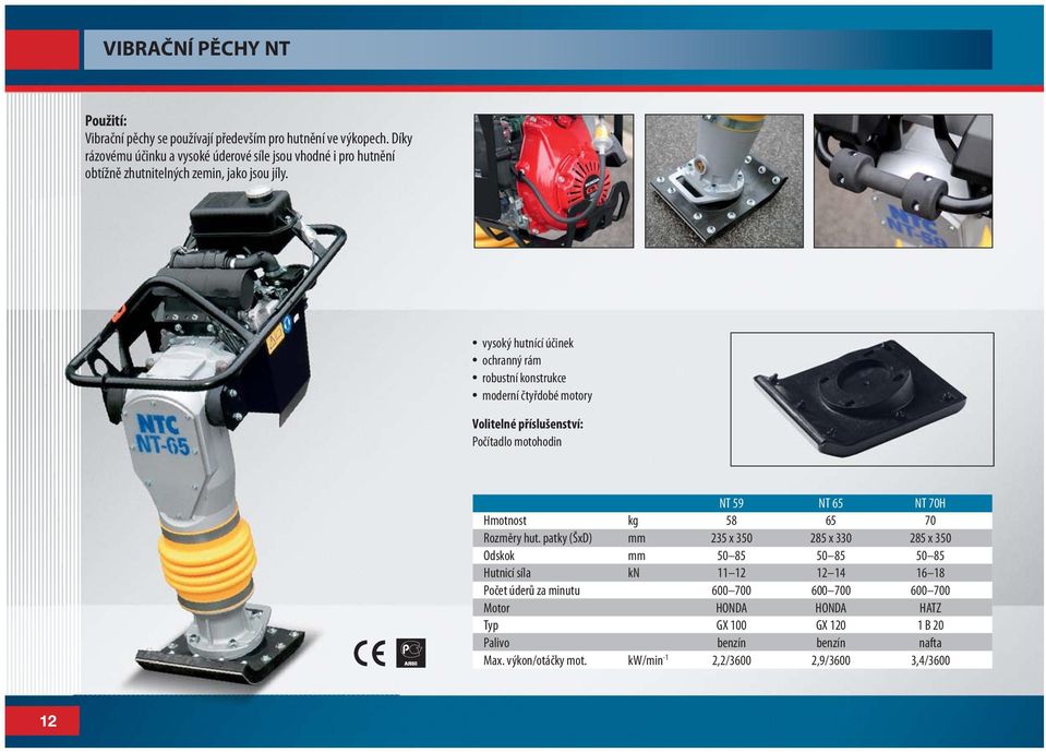 vysoký hutnící účinek ochranný rám robustní konstrukce moderní čtyřdobé motory Počítadlo motohodin NT 59 NT 65 NT 70H Hmotnost kg 58 65 70 Rozměry hut.