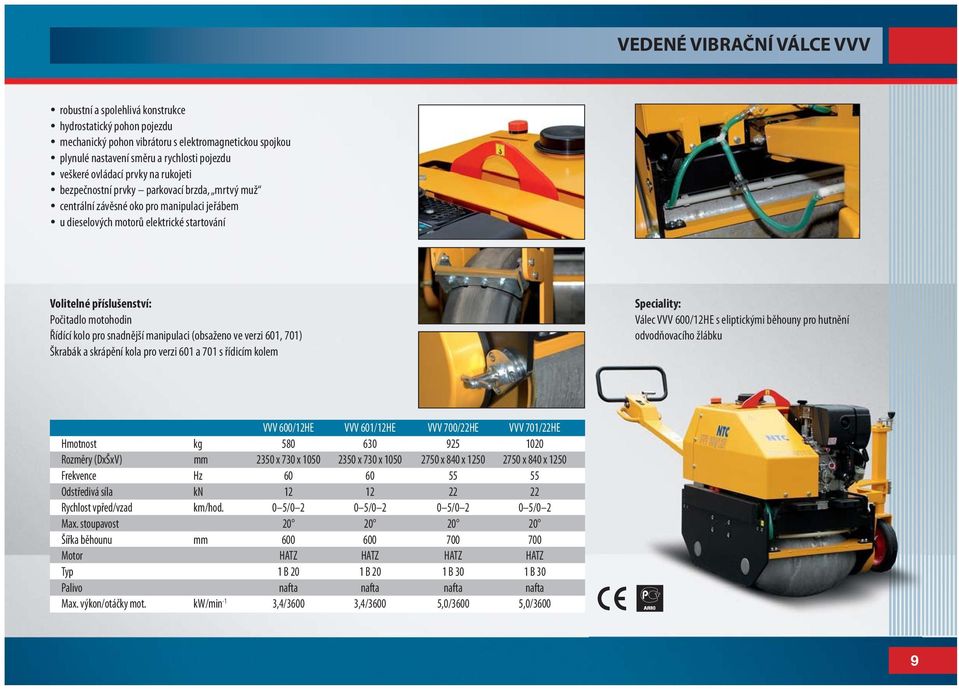 snadnější manipulaci (obsaženo ve verzi 601, 701) Škrabák a skrápění kola pro verzi 601 a 701 s řídicím kolem Speciality: Válec VVV 600/12HE s eliptickými běhouny pro hutnění odvodňovacího žlábku VVV