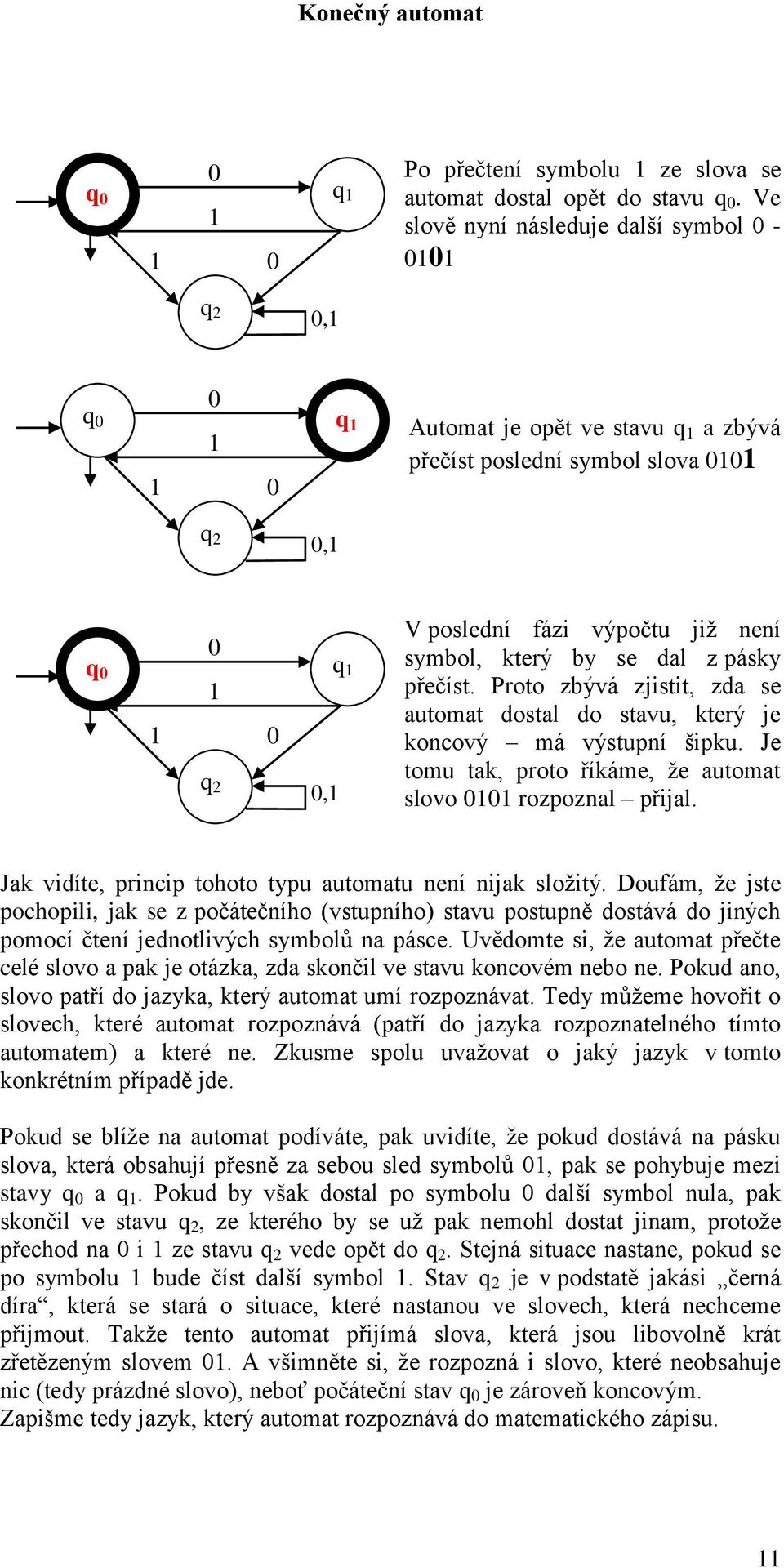 není symbol, který by se dal z pásky přečíst. Proto zbývá zjistit, zda se automat dostal do stavu, který je koncový má výstupní šipku.