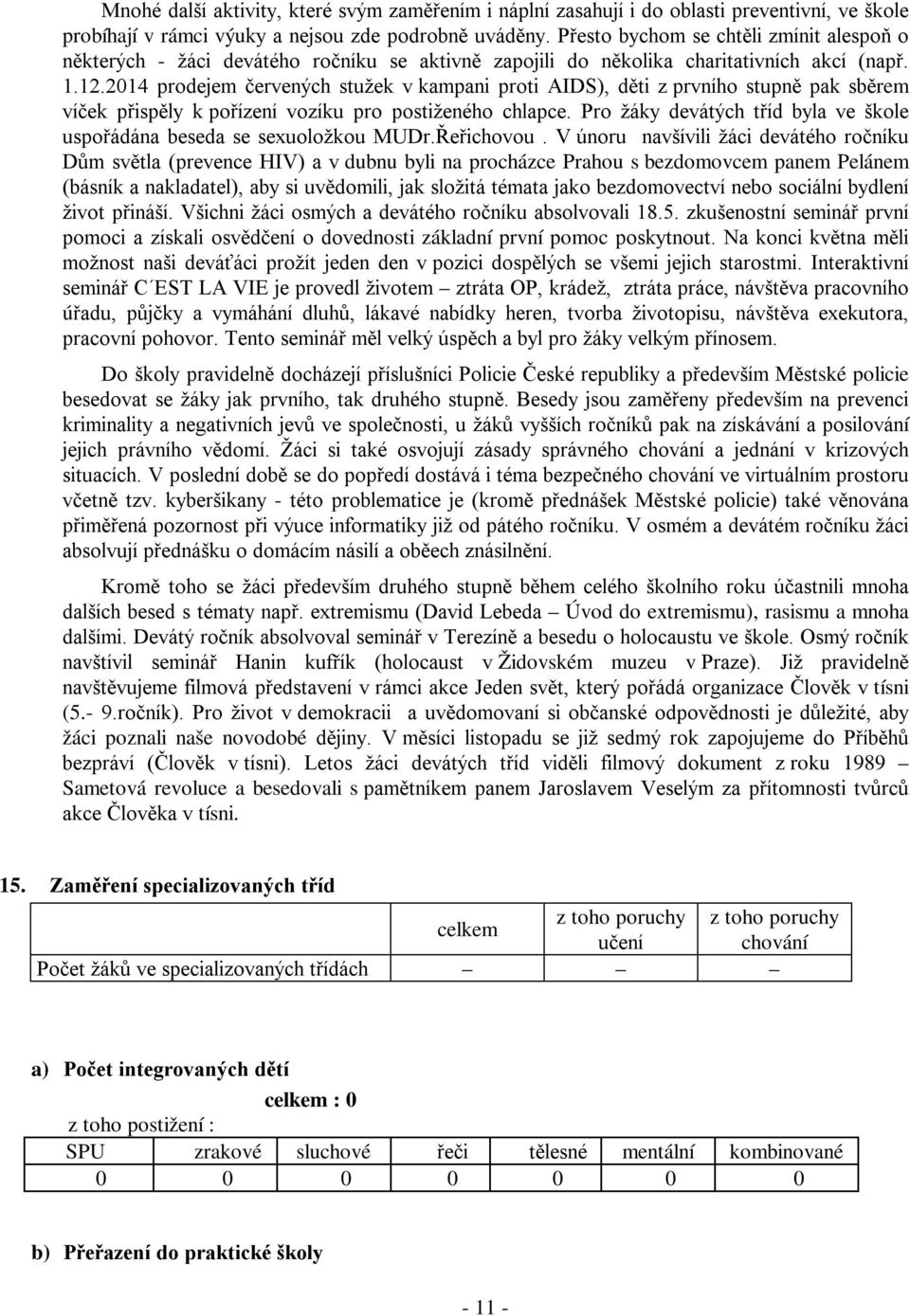 2014 prodejem červených stužek v kampani proti AIDS), děti z prvního stupně pak sběrem víček přispěly k pořízení vozíku pro postiženého chlapce.