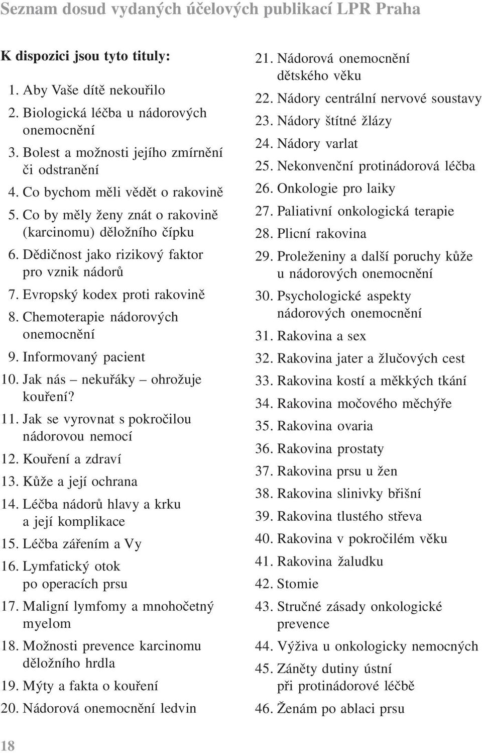 Evropský kodex proti rakovině 8. Chemoterapie nádorových onemocnění 9. Informovaný pacient 10. Jak nás nekuřáky ohrožuje kouření? 11. Jak se vyrovnat s pokročilou nádorovou nemocí 12.