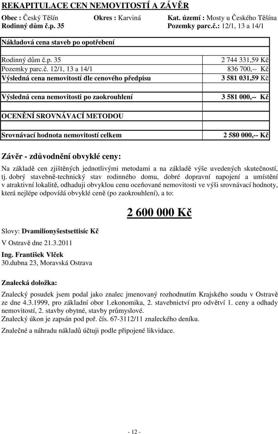 12/1, 13 a 14/1 Výsledná cena nemovitostí dle cenového předpisu Výsledná cena nemovitosti po zaokrouhlení 2 744 331,59 Kč 836 700,-- Kč 3 581 031,59 Kč 3 581 000,-- Kč OCENĚNÍ SROVNÁVACÍ METODOU