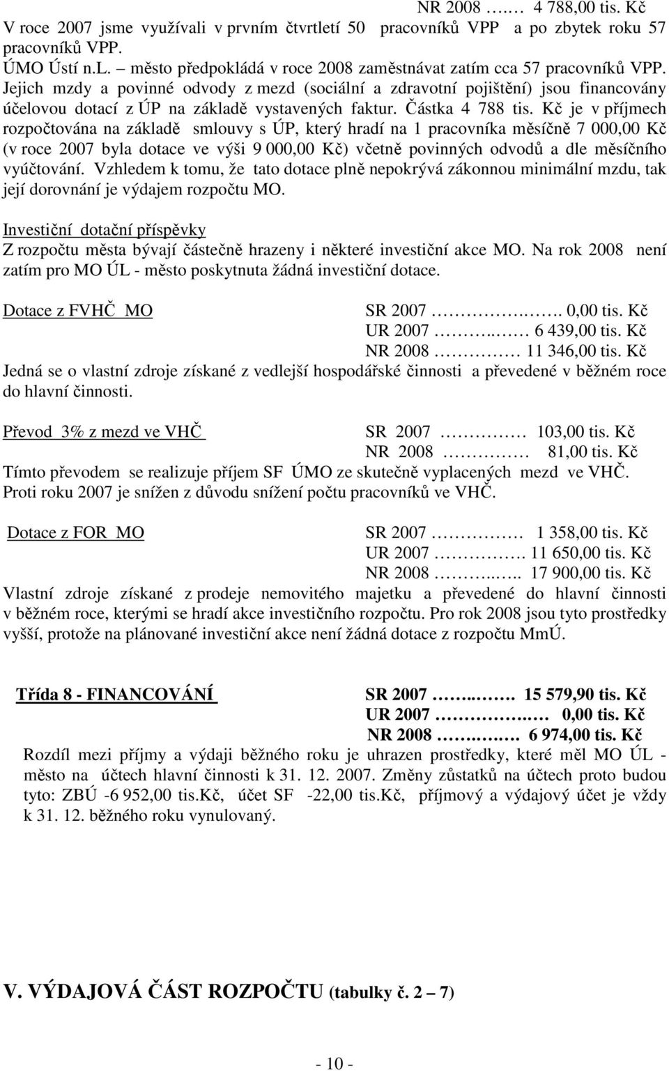 Kč je v příjmech rozpočtována na základě smlouvy s ÚP, který hradí na 1 pracovníka měsíčně 7 000,00 Kč (v roce 2007 byla dotace ve výši 9 000,00 Kč) včetně povinných odvodů a dle měsíčního vyúčtování.