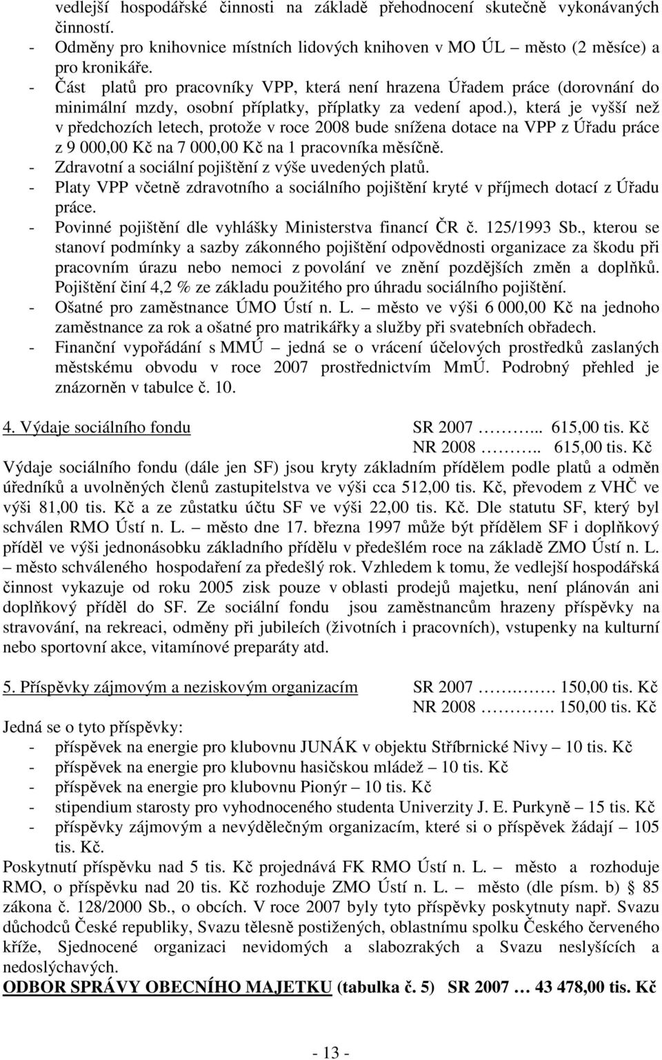 ), která je vyšší než v předchozích letech, protože v roce 2008 bude snížena dotace na VPP z Úřadu práce z 9 000,00 Kč na 7 000,00 Kč na 1 pracovníka měsíčně.