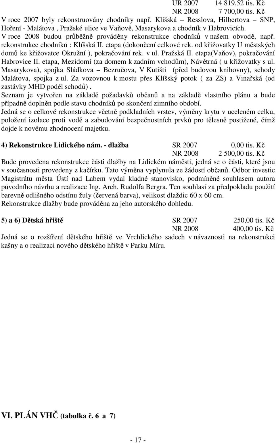 rekonstrukce chodníků : Klíšská II. etapa (dokončení celkové rek. od křižovatky U městských domů ke křižovatce Okružní ), pokračování rek. v ul. Pražská II. etapa(vaňov), pokračování Habrovice II.