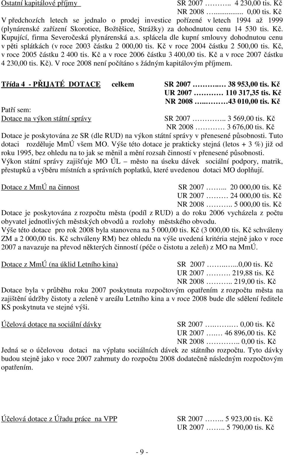 Kupující, firma Severočeská plynárenská a.s. splácela dle kupní smlouvy dohodnutou cenu v pěti splátkách (v roce 2003 částku 2 000,00 tis. Kč v roce 2004 částku 2 500,00 tis.