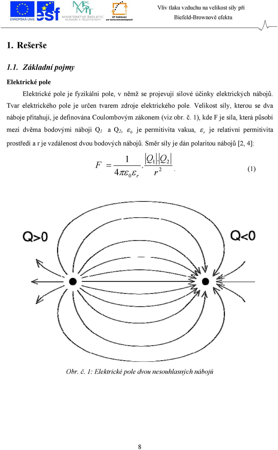 Velikost síly, kterou se dva náboje přitahují, je definována Coulombovým zákonem (viz obr. č.