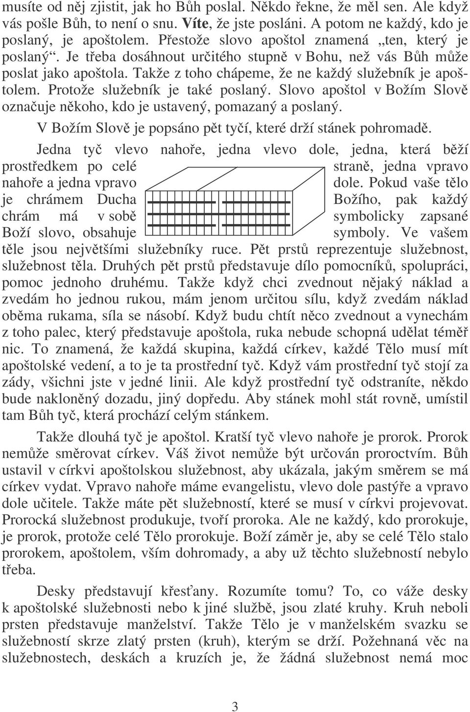 Protože služebník je také poslaný. Slovo apoštol v Božím Slov oznauje nkoho, kdo je ustavený, pomazaný a poslaný. V Božím Slov je popsáno pt tyí, které drží stánek pohromad.