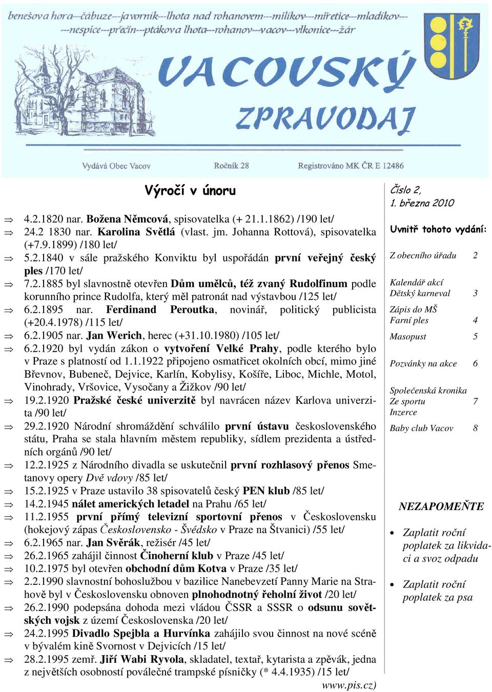 Ferdinand Peroutka, novinář, politický publicista (+20.4.1978) /115 let/ 6.2.1905 nar. Jan Werich, herec (+31.10.1980) /105 let/ 6.2.1920 byl vydán zákon o vytvoření Velké Prahy, podle kterého bylo v Praze s platností od 1.