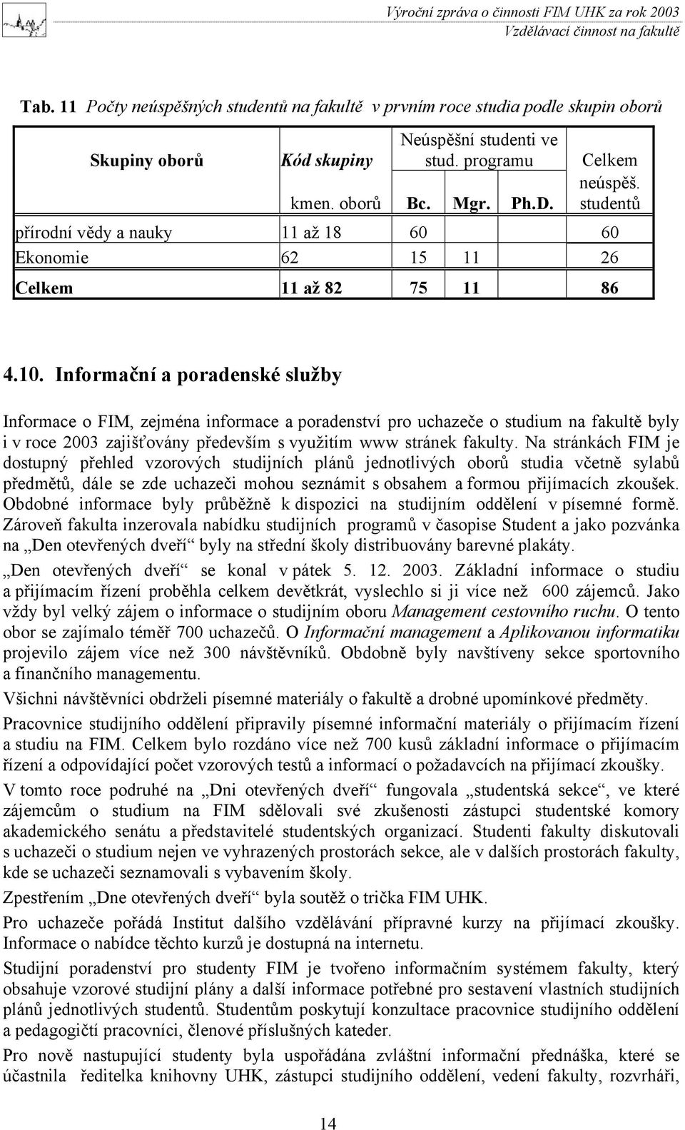 Informační a poradenské služby Informace o FIM, zejména informace a poradenství pro uchazeče o studium na fakultě byly i v roce 2003 zajišťovány především s využitím www stránek fakulty.