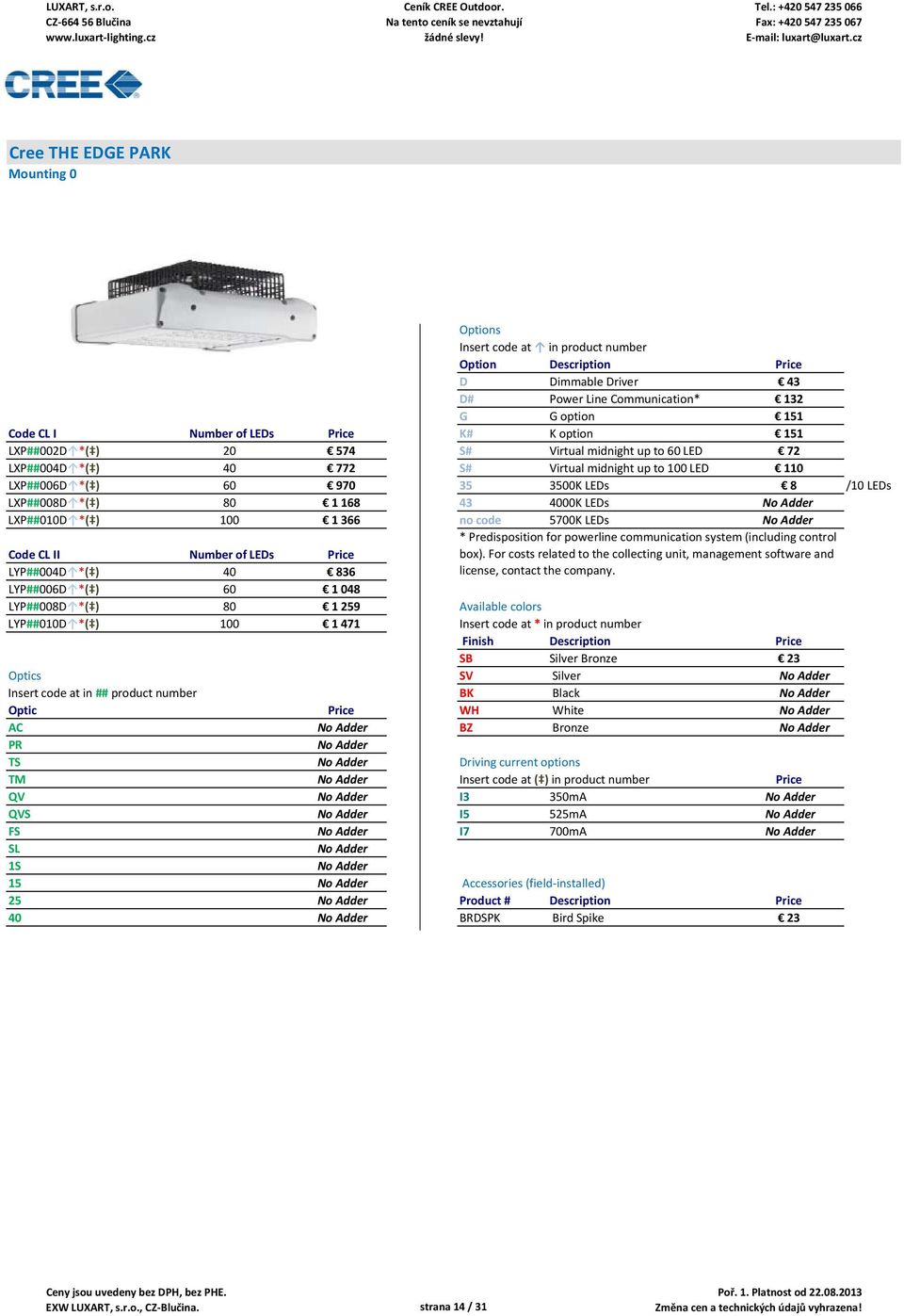 LEDs No Adder Code CL II Number of LEDs Price * Predisposition for powerline communication system (including control box).