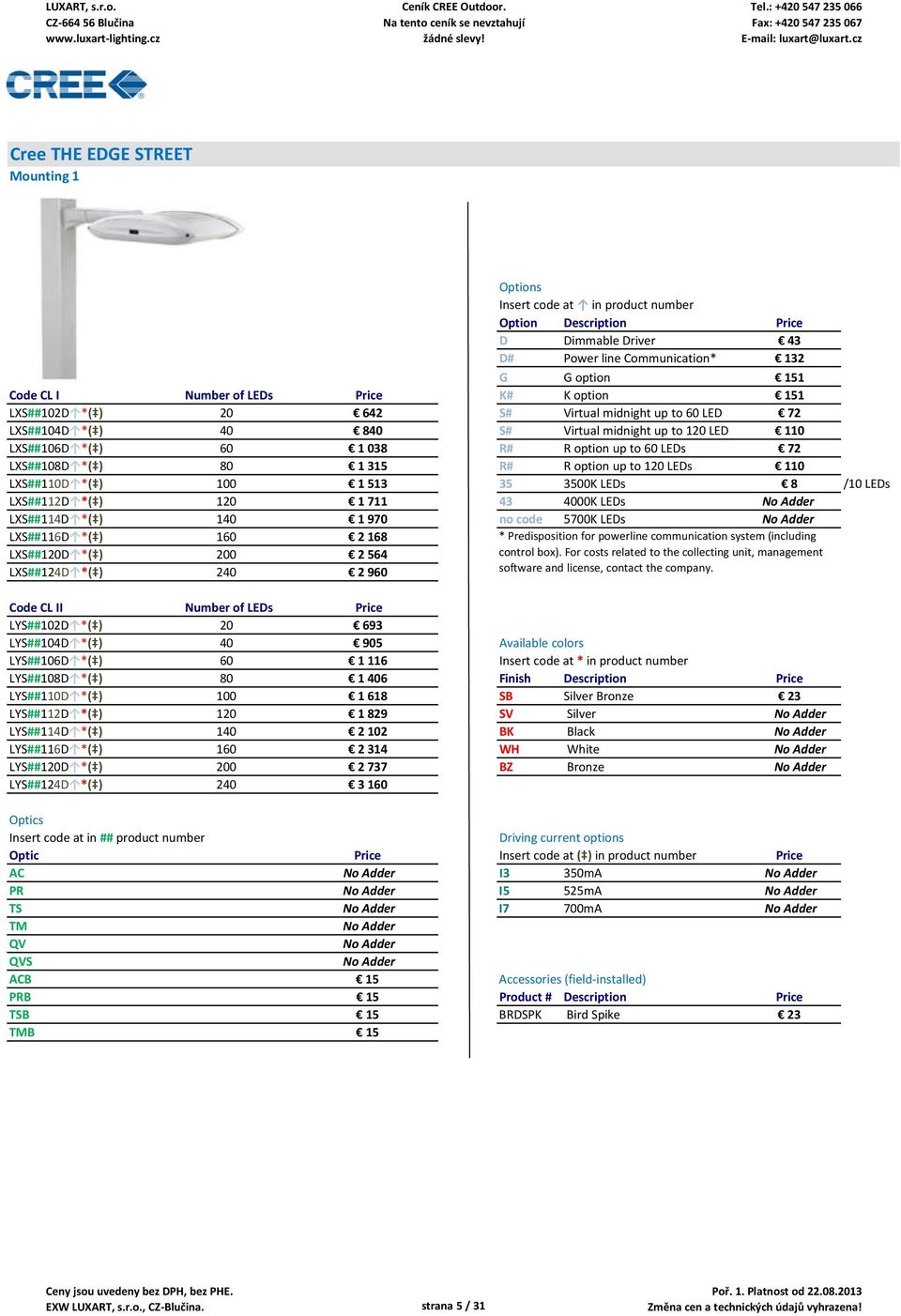 35 3500K LEDs 8 /10 LEDs LXS##112D *( ) 120 1 711 43 4000K LEDs No Adder LXS##114D *( ) 140 1 970 no code 5700K LEDs No Adder LXS##116D *( ) 160 2 168 LXS##120D *( ) 200 2 564 LXS##124D *( ) 240 2