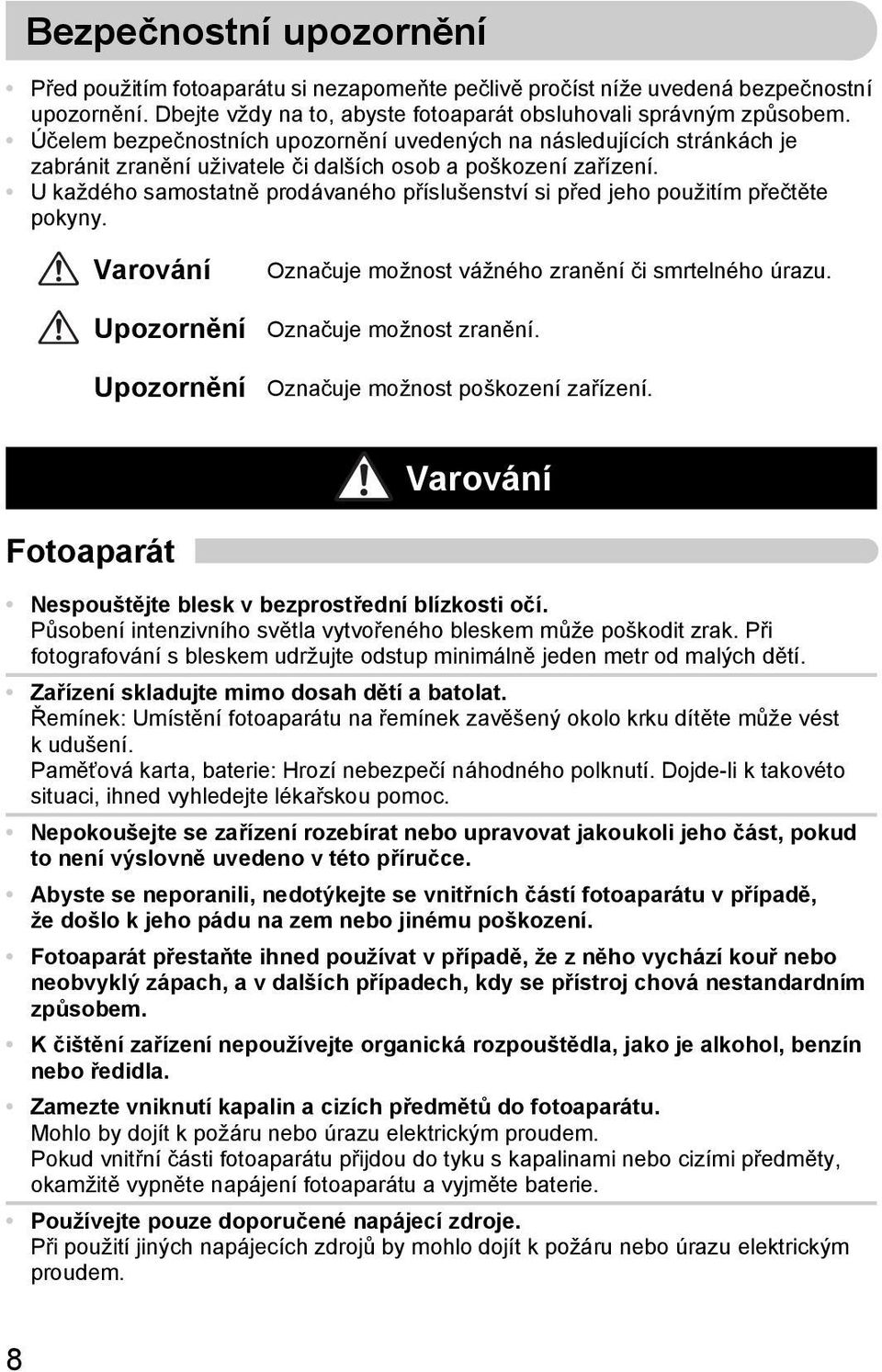 U každého samostatně prodávaného příslušenství si před jeho použitím přečtěte pokyny. Varování Upozornění Upozornění Označuje možnost vážného zranění či smrtelného úrazu. Označuje možnost zranění.