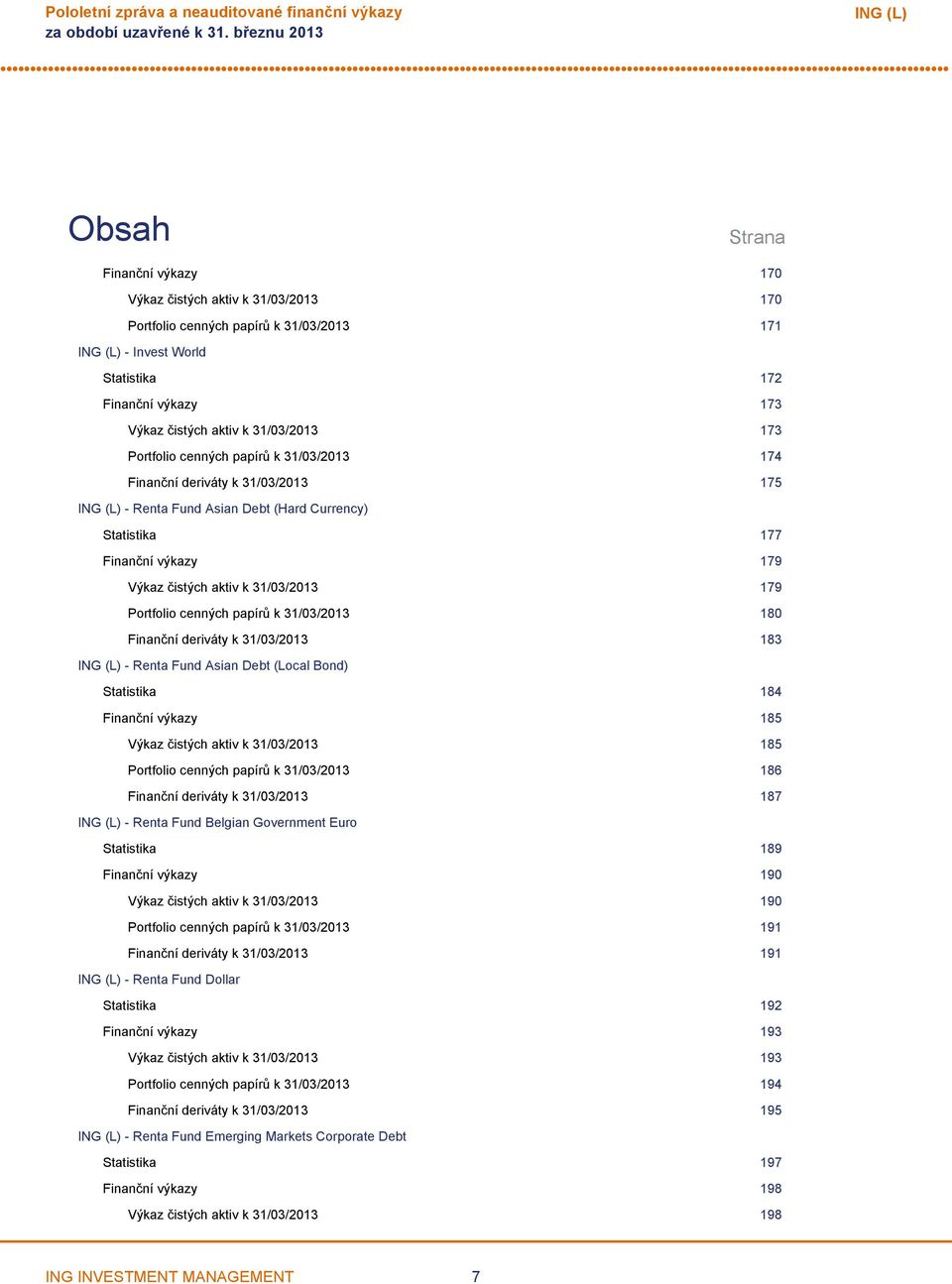cenných papírů k 31/03/2013 180 Finanční deriváty k 31/03/2013 183 Renta Fund Asian Debt (Local Bond) Statistika 184 Finanční výkazy 185 Výkaz čistých aktiv k 31/03/2013 185 Portfolio cenných papírů
