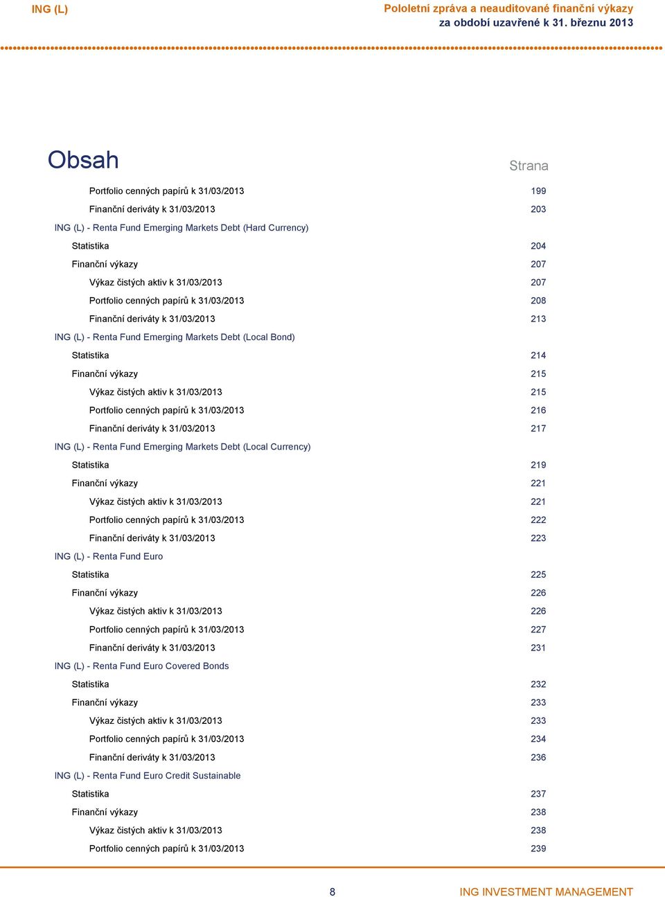 31/03/2013 215 Portfolio cenných papírů k 31/03/2013 216 Finanční deriváty k 31/03/2013 217 Renta Fund Emerging Markets Debt (Local Currency) Statistika 219 Finanční výkazy 221 Výkaz čistých aktiv k